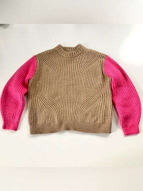 Nine West Tan Hot Pink Colorblock Crewneck Sweater Size Women’s Medium Mockneck